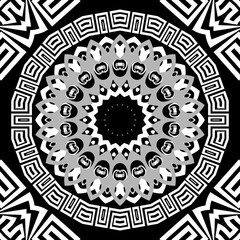 Greek style floral seamless mandala pattern. Tribal ethnic vector background. Ornamental black and white abstract backdrop. Greek key, meanders geometric ornament. For decoration, fabric, card, print