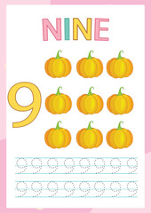 Worksheet for learning numbers. Number 9