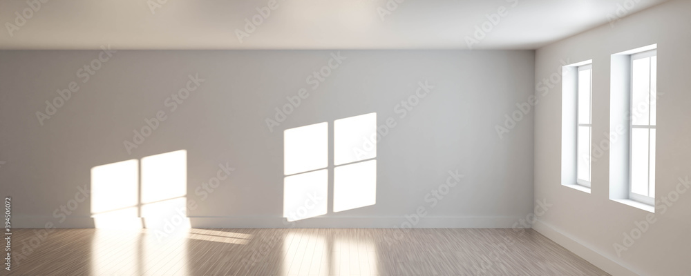 Poster abstract white room with windows diffuse lighting modern architecture design with wooden floor 3d re