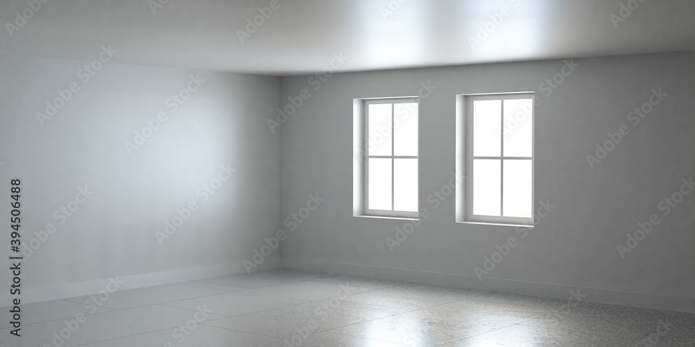 Poster abstract white architecture empty room with windows and concrete floor 3d render illustration