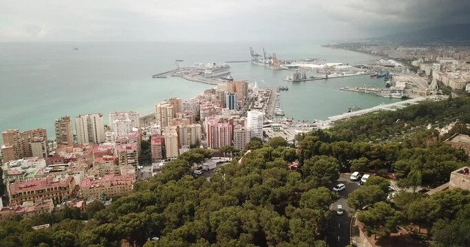 Malaga with Placa de Torros from castle in sunny time. Andalusia, Spain . High quality 4k footage
