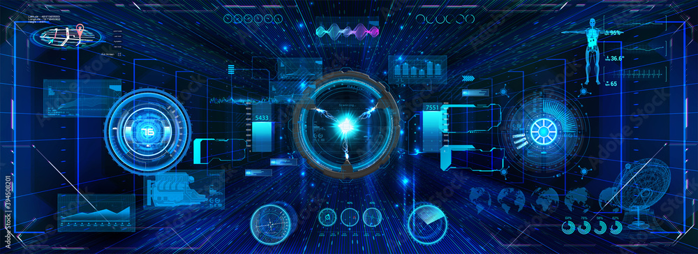 Poster Innovation system HUD for UI, UX, and GUI design. VR and App Futuristic User Interface collection elements. Sky-fi dashboard with charts, circle gadgets, HUD UI and other elements. Vector template
