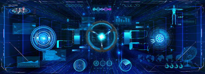 Innovation system HUD for UI, UX, and GUI design. VR and App Futuristic User Interface collection elements. Sky-fi dashboard with charts, circle gadgets, HUD UI and other elements. Vector template