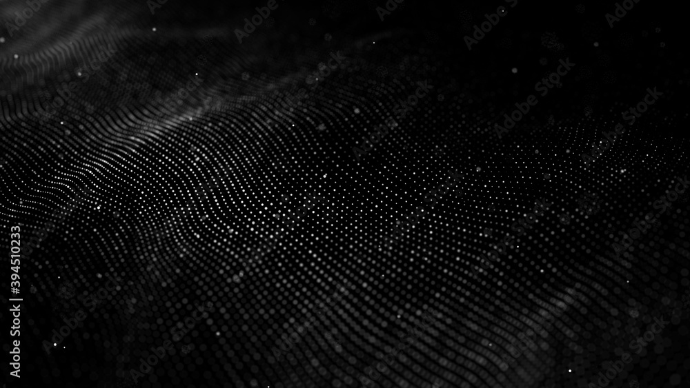 Poster wave 3d. wave of particles. abstract black geometric background. big data visualization. data techno