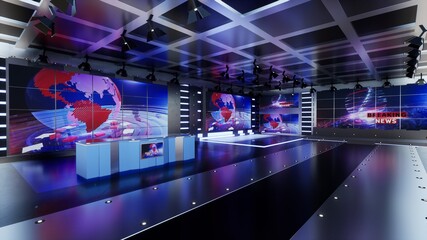 News Studio, Backdrop For TV Shows .TV On Wall.3D Virtual News Studio Background, 3d illustration
