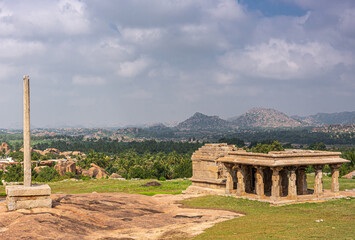 Hampi, Karnataka, India - November 4, 2013: Sunset Hill AKA Hemakatu. Down hill  temple ruin and...