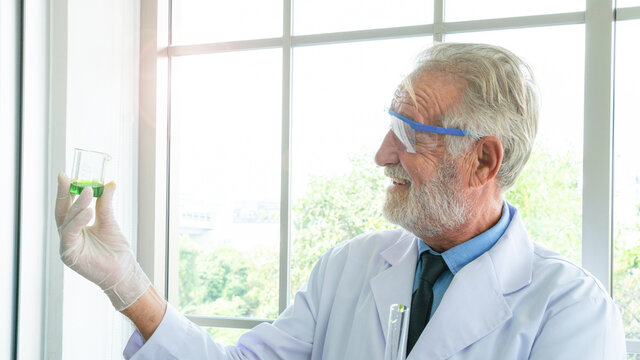 Senior male scientist holding a beaker with liquid substance. Man Research is working in the Laboratory.