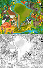 cartoon scene with wild animals birds crocodile mammals in nature illustration
