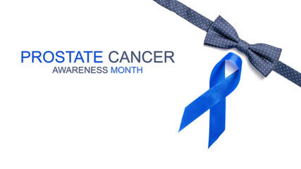 Blue ribbon. Awareness prostate cancer of men health in November. Blue ribbon, fashion bowtie isolated on white background. Symbol of oncology affected man. Copy space.