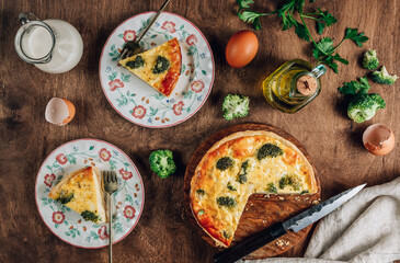 Traditional vegetable quiche with broccoli, eggs and cheese