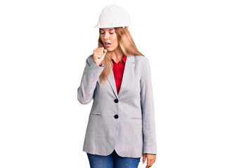 Beautiful young woman wearing architect hardhat feeling unwell and coughing as symptom for cold or bronchitis. health care concept.
