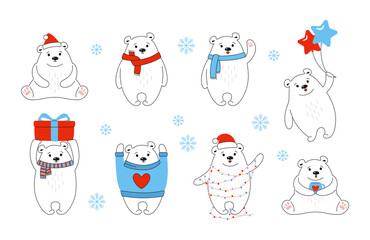 Christmas polar bear cartoon set. New Year animal mammals with red hat, gift, balls or garland. Hand drawn doodle cute vector bears in different poses. Funny animals winter celebrate white background