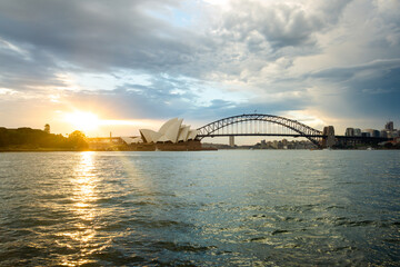 Great view of the famous sightseeing of Opera house in Sydney, Australia. Harbor bridge view from...