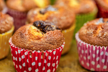 Fresh tasty muffins close up
