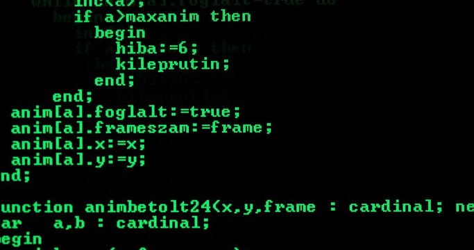 Computer source code scrolling on the screen, character mode console display
