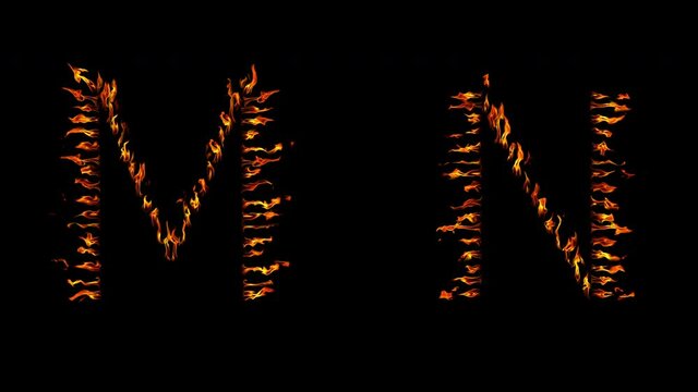 M N text. real fire flaming in slow motion.