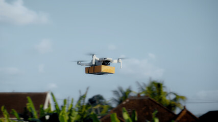 flying on a sky delivery drone with holding a .cardboard parcel