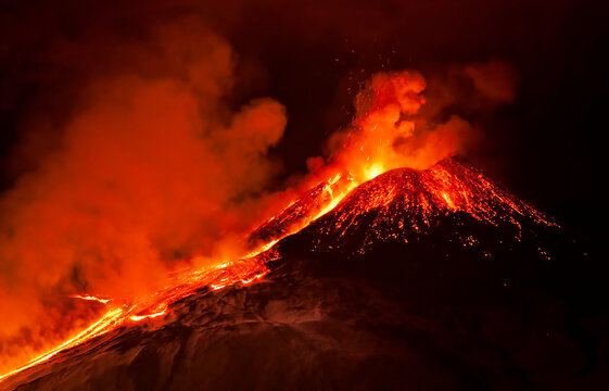 Volcano Erupting At Night