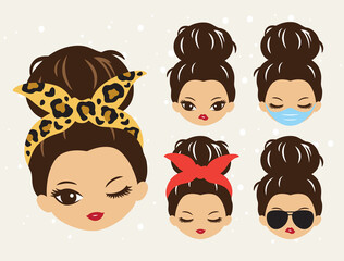 Vector illustration of cute girls with messy bun hairstyle and bandana.
