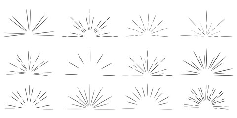 Retro doodle illustration with sunrise by hand on light background. Black-white sunburst. Vector image. EPS 10.