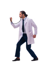 Young male doctor isolated on white