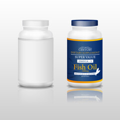 White matte plastic bottle with snap hinge push on cap for medicine, tablets, pills. Photo-realistic packaging mockup template with sample design. Front view. Vector 3d illustration.