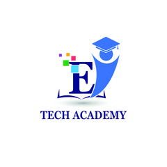 E Initial letter for Education/Academy business logo template with Toga hat cap and children. Startup technology education