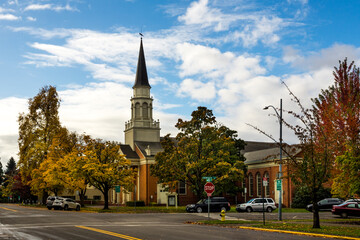 Historical First Presbyterian Church building in downtown Salem, Oregon, in autumn day