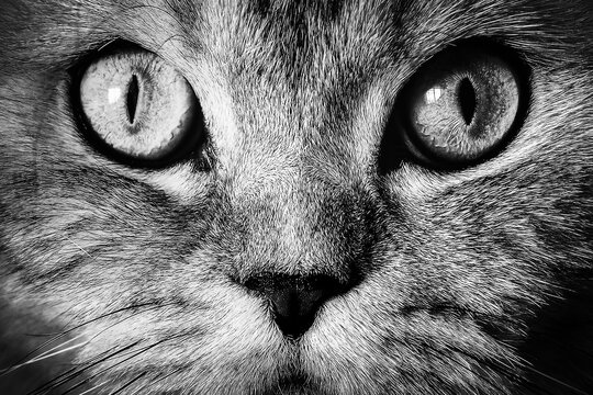 The muzzle of gray cat with big eyes close-up. Black and white photo.