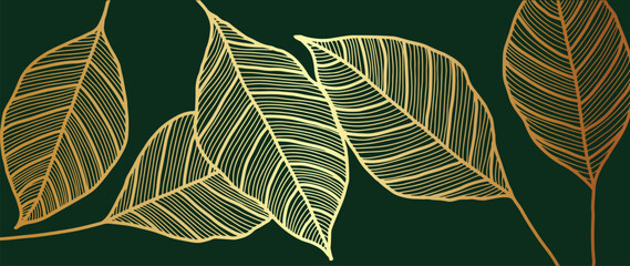 Golden leaf wallpaper design vector. Gold tropical leaves line arts background. Vector illustration.