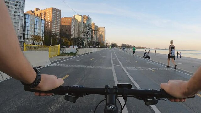 Chicago, Illinois: october 27, 2020 view from a guy riding through the city on a bike in the autumn