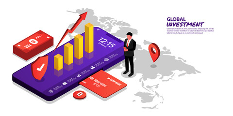Global business investment concept, illustration of businessman trading with smartphone