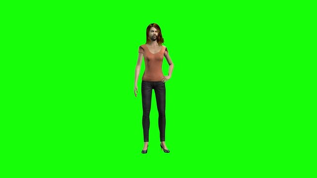 3d animation male avatar figure dressed as a woman, stands talking, sits down, then stands and walks.