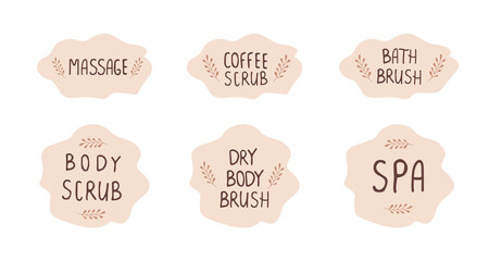 Set with fun slogans about home body care. Hand drawn lettering quotes. Massage, scrub and skin brushing. Vector illustration.