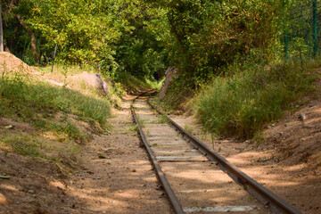 old abandoned Train Tracks in Forest stock photograph image