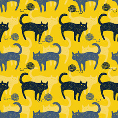 Vector yellow mystery cat pen sketch rows seamless pattern with ball of yarn. Perfect for fabric, scrapbooking and wallpaper projects.