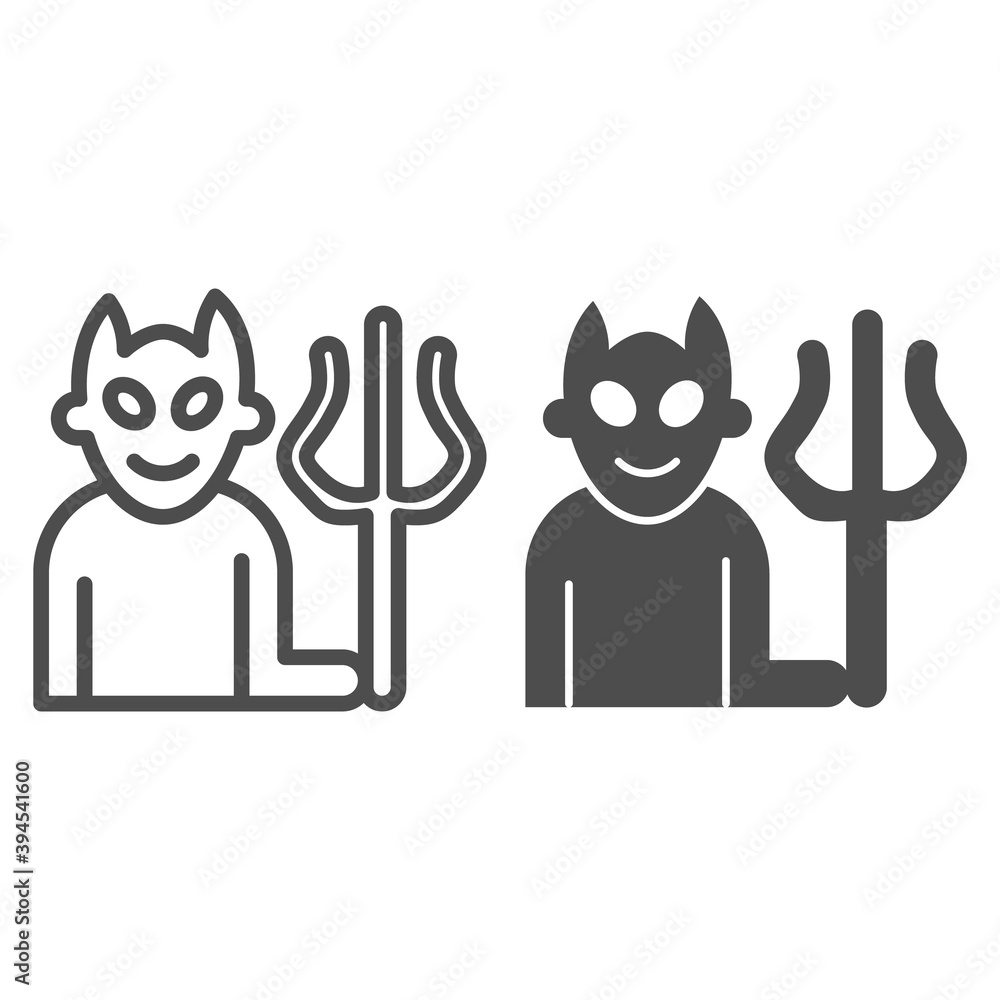 Poster devil with fork line and solid icon, halloween concept, demon with trident sign on white background,