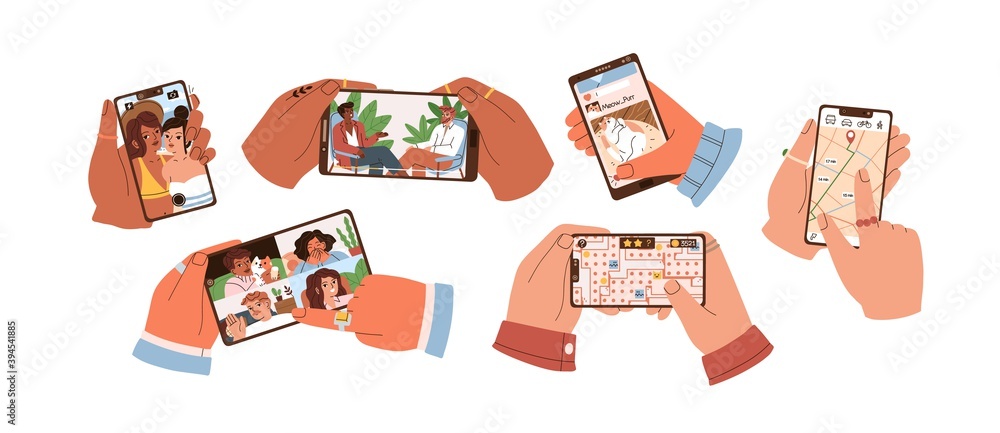 Poster set of hands touch smartphone screen and hold mobile phones with apps for taking selfie, watching vi