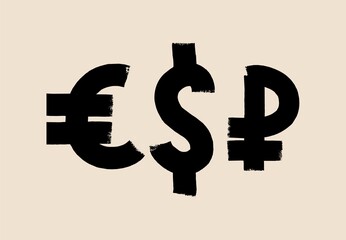 Set of currency signs drawn with a brush, Euro, dollar, ruble. Picture. Isolated background.