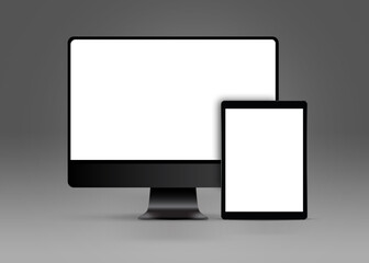 Computer dekstop with tablet mockup blank screen