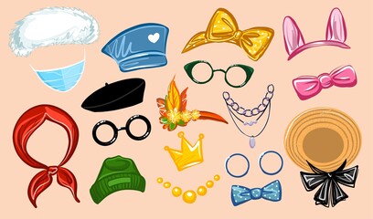 A set of fashionable and bright Ar masks in the form of glasses, hats, scarves. To filter the face design. On the topic of fashion. Vector on an isolated background