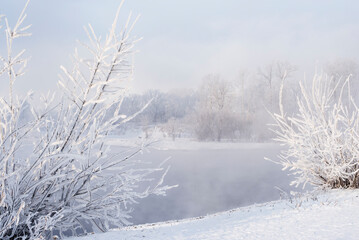 Morning on the river. Winter landscape