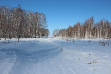 cleared road for driving in snow in winter in snowdrifts forest