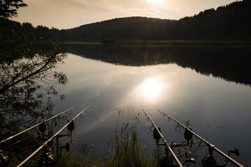 carp fishing,  professional fishing equipment. Carp fishing rods  on the lake