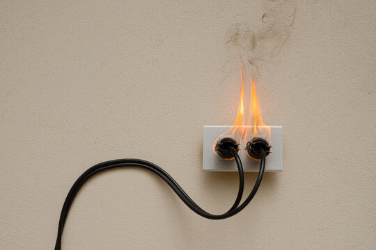 On fire electric wire plug Receptacle on the concrete wall exposed concrete background