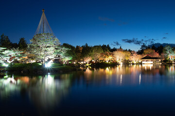 Fototapeta na wymiar 池に映るライトアップされた日本庭園