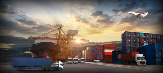 Container truck in ship port for business Logistics and transportation of Container Cargo ship and...