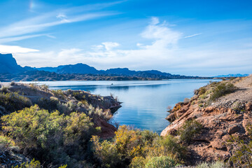 Naklejka na ściany i meble A breathtaking view of the lake in Cattail Cove SP, Arizona