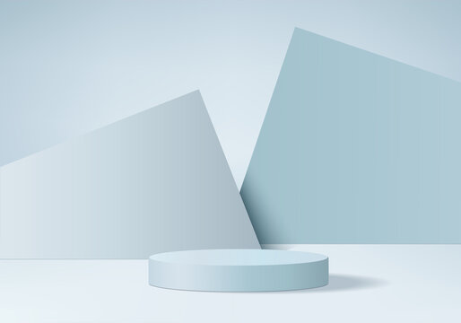 Background Vector 3d Blue Rendered With Marble Podium And Minimal Blue Cylinder Scene, Curve Background 3d Rendering Podium Platform Shape Blue Pastel. 3D Stage Podium Product On 3d Background Modern