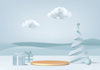Christmas minimal rendered scene 3d with gift box and podium platform. Christmas tree background vector 3d rendering with gold podium. stand to show products. Stage showcase on pedestal blue pastel